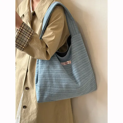 Women Casual Striped Denim Canvas Tote Bag Large Capacity Shoulder Bag Student Commuter Daily Handbag