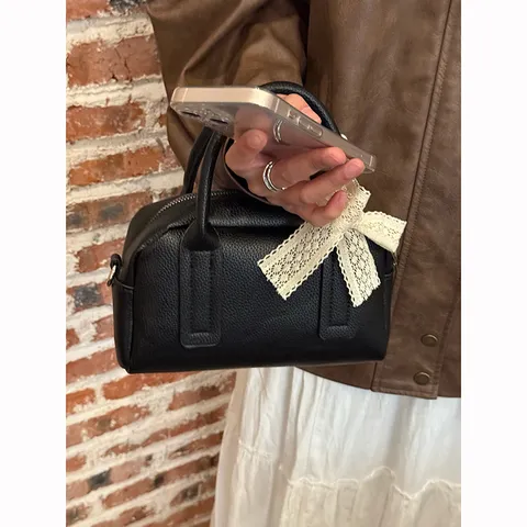 Korean Style Fashion PU Leather Boston Pillow Bag Women Casual Commuting Tote Shoulder Crossbody Bag with Lace Bow