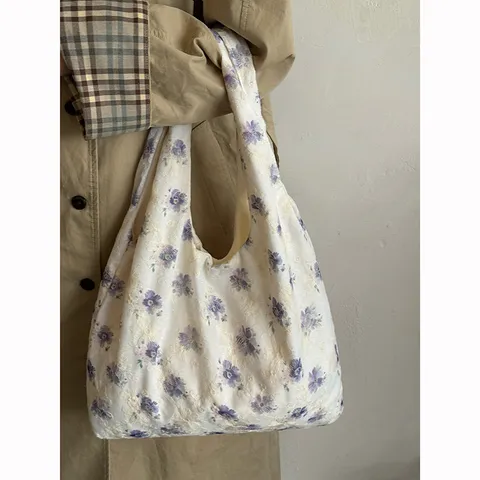Japanese Retro Niche Floral Canvas Tote Bag For Women Large Capacity Single Shoulder Underarm Commuter Bag