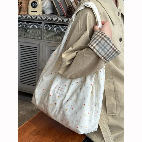 Korean Style Floral Canvas Tote Bag Large Capacity Casual Shoulder Bag Women Commuting Daily Handbag