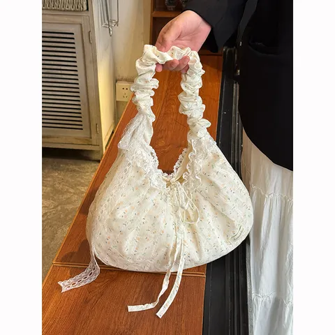 Korean Ins Style Floral Lace Bow Canvas Tote Bag Large Capacity Commuter Shoulder Crossbody Bag For Women