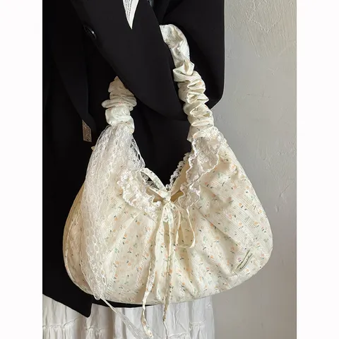 Korean Ins Style Floral Lace Bow Canvas Tote Bag Large Capacity Commuter Shoulder Crossbody Bag For Women