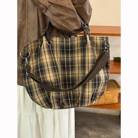 Japanese Retro British Style Plaid Canvas Tote Bag Women Large Capacity Commuting Crossbody Handbag