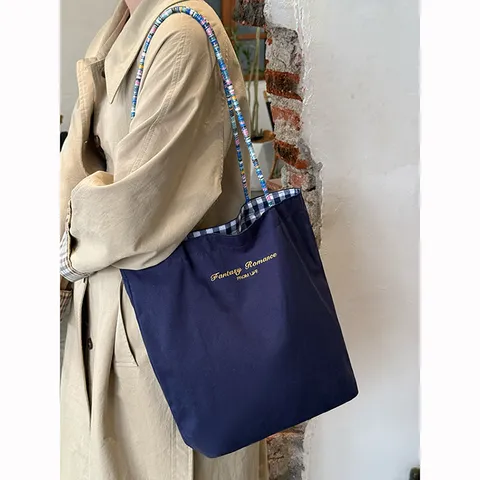 Korean Style Canvas Tote Bag Double-Sided Plaid Large Capacity Shoulder Bag Commuting Underarm Bag With Beaded Strap