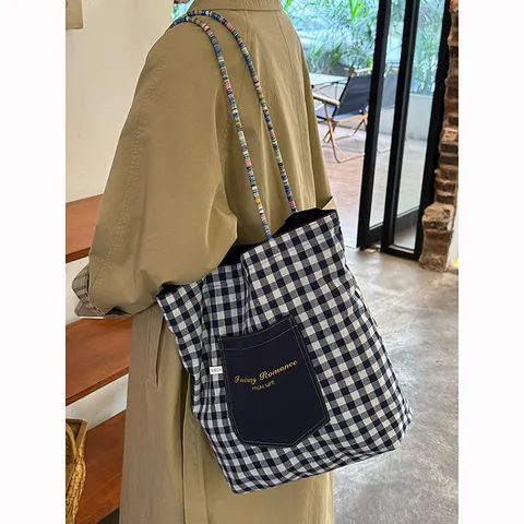 Korean Style Canvas Tote Bag Double-Sided Plaid Large Capacity Shoulder Bag Commuting Underarm Bag With Beaded Strap