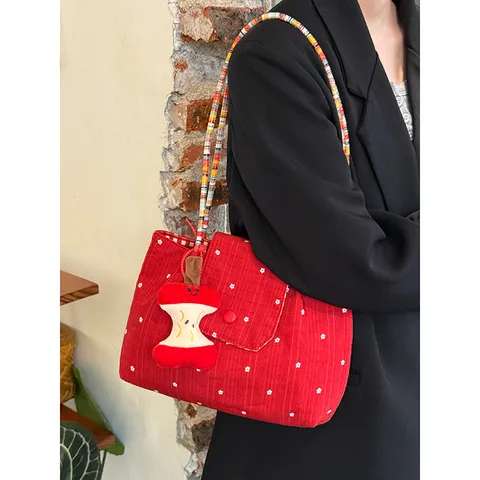 Korean Red Plaid Canvas Tote Bag Women Fashion Contrast Weaving Shoulder Bag Casual Commuter Handbag with Pendant
