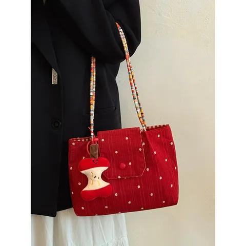 Korean Red Plaid Canvas Tote Bag Women Fashion Contrast Weaving Shoulder Bag Casual Commuter Handbag with Pendant