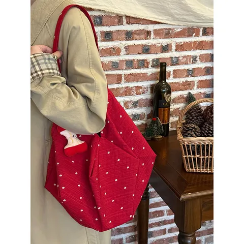 Large Capacity Canvas Tote Bag Korean Style Floral Polka Dot Red Shoulder Bag Casual Handbag For Women Daily Commuting