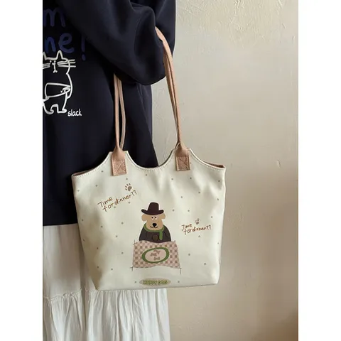 Korean Style Cartoon Polka Dot Canvas Tote Bag Large Capacity Commuting Puppy Shoulder Bag Versatile Handbag