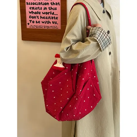 Large Capacity Canvas Tote Bag Korean Style Floral Polka Dot Red Shoulder Bag Casual Handbag For Women Daily Commuting