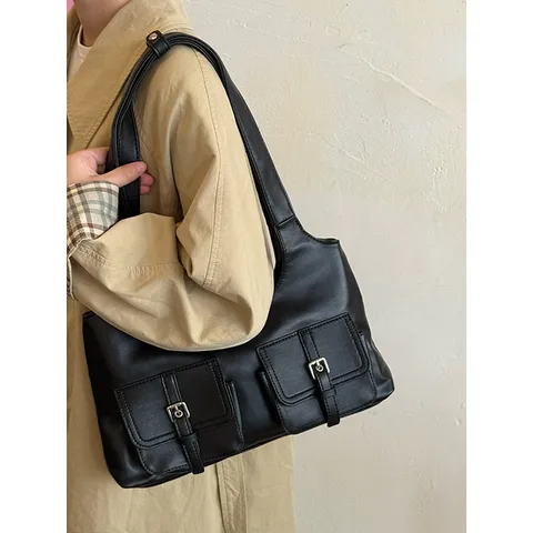 Women Casual PU Leather Tote Bag Large Capacity Multi-Pocket Underarm Shoulder Bag Fashion Solid Color Commuter Handbag