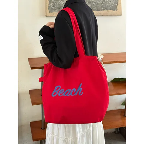 Korean Style Large Capacity Canvas Tote Bag Women Casual Letter Beach Shoulder Bag Student Commuting Handbag