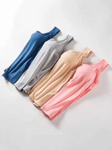 Camisole en Modal pour Femmes Avec Coussinets de Poitrine Intégrés Coupe Slim Dos Nu Débardeur Couleur Unie Respirant