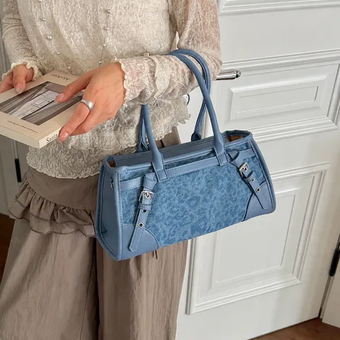 Γυναικεία Τσάντα Ώμου Μόδας Denim Patchwork Casual Commuter Motorcycle Style Handbag Daily Travel Top Handle Bag