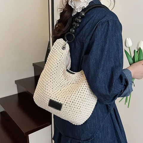 Sac Cabas Grande Capacité pour Femmes Mode d'Été Sac à Bandoulière Tissé Sac à Main Décontracté