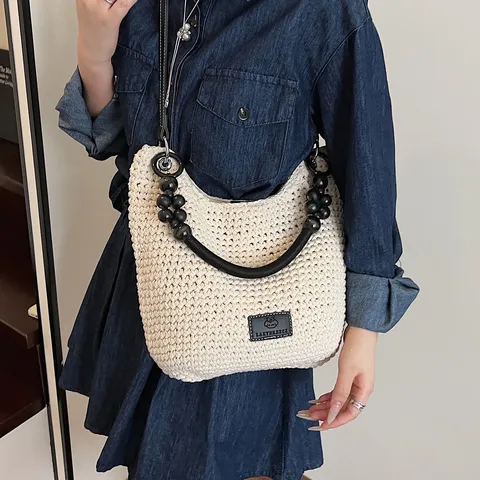 Sac Cabas Grande Capacité pour Femmes Mode d'Été Sac à Bandoulière Tissé Sac à Main Décontracté