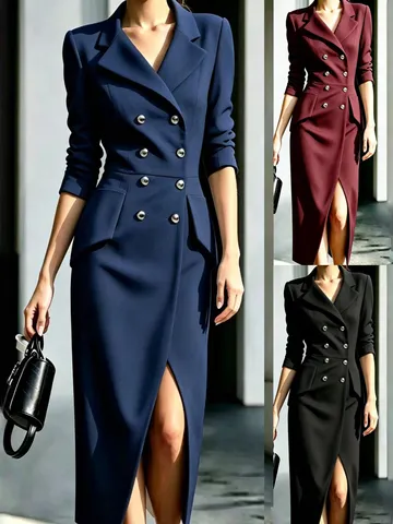 Abito Blazer Doppiopetto da Donna Manica Lunga Risvolto Vita Alta Slim Fit Midi Abito da Lavoro Ufficio