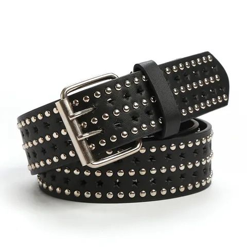 Punk Hip Hop PU Leather Belt Women Men Metal Rivets Five Pointed Star Hollow Out Pin Buckle Jeans Casual Waist Belt