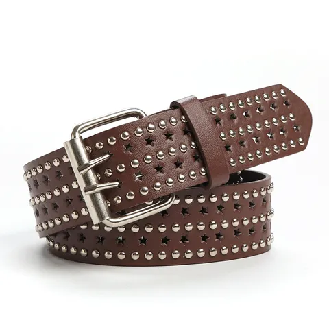 Punk Hip Hop PU Leather Belt Women Men Metal Rivets Five Pointed Star Hollow Out Pin Buckle Jeans Casual Waist Belt