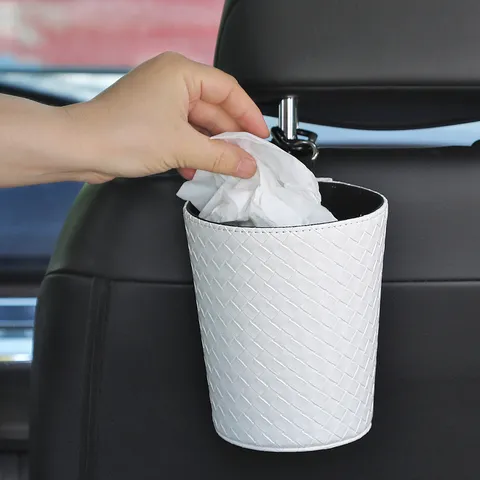 Car Trash Can Hanging Auto Woven Leather Garbage Bin Waterproof Back Seat Storage Organizer Car Interior Accessories