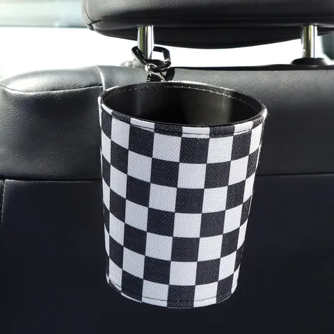 Car Trash Can Waterproof Polyester Black And White Plaid Hanging Auto Garbage Bin With Hook For Vehicle Interior