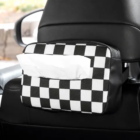 Car Tissue Box Leather Splicing Checkered Hanging Tissue Holder For Automotive Interior Armrest Backseat Storage