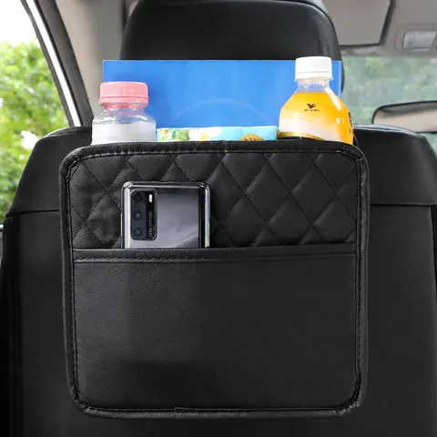 Organizador de Respaldo de Asiento de Coche Universal Bolsa de Almacenamiento Multibolsillos de Cuero Negro Accesorios de Interior de Auto Colgantes