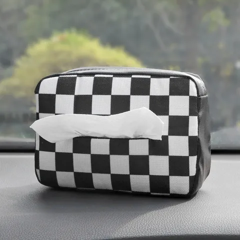 Car Tissue Box Leather Splicing Checkered Hanging Tissue Holder For Automotive Interior Armrest Backseat Storage