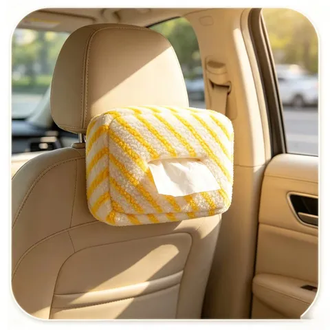 Car Tissue Box Cute Plush Striped Hanging Tissue Holder Auto Sun Visor Armrest Box Tissue Cover For Vehicle Home