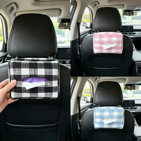Minimalist Plaid Fabric Car Tissue Holder Hanging Creative Tissue Box Multi-Function Organizer For Auto Interior Home Decor