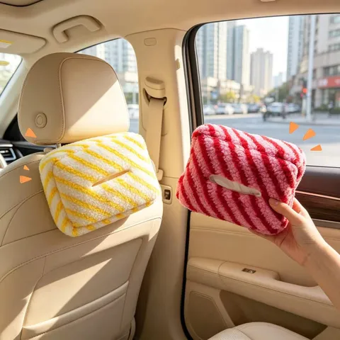 Car Tissue Box Cute Plush Striped Hanging Tissue Holder Auto Sun Visor Armrest Box Tissue Cover For Vehicle Home