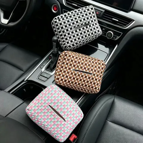 Car Tissue Box Polyester Bubble Plaid Hanging Tissue Holder Cute Auto Interior Storage Organizer Universal Decor