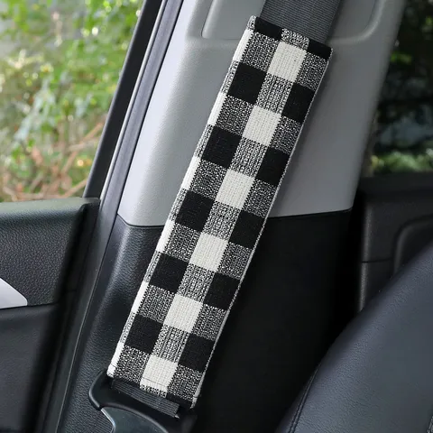 Car Seat Belt Shoulder Pad Universal Fit Coarse Spun Plaid Protective Cover Soft Polyester Auto Interior Accessories