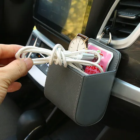 Car Air Vent Storage Box Leather Automotive Organizer Pocket Multi-Function Hanging Pouch For Phone Cards Cigarettes