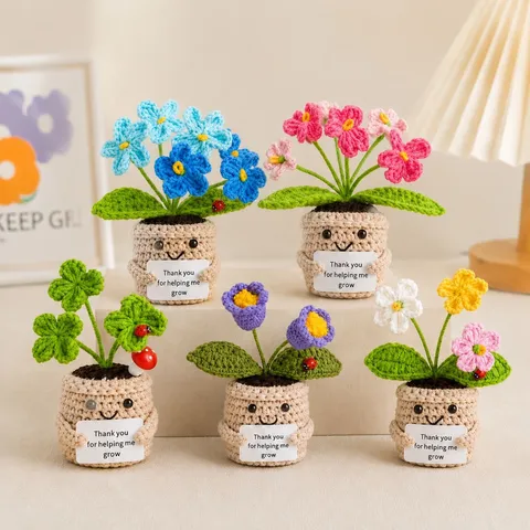 Pianta in Vaso Lavorata a Uncinetto Fatta a Mano Girasole Rosa Tulipano Decorazione per la Casa Simpatico Ornamento da Scrivania con Faccina Felice Regalo
