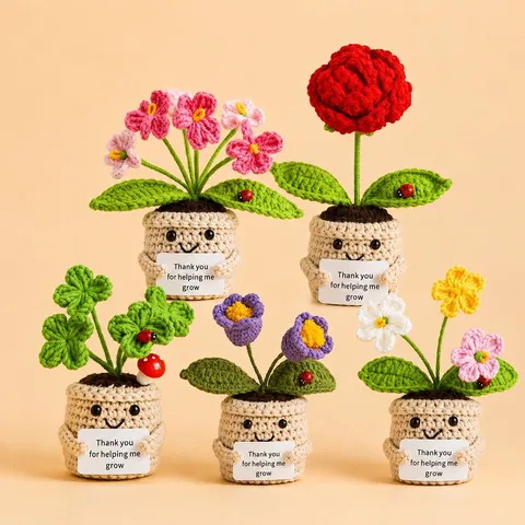 Pianta in Vaso Lavorata a Uncinetto Fatta a Mano Girasole Rosa Tulipano Decorazione per la Casa Simpatico Ornamento da Scrivania con Faccina Felice Regalo