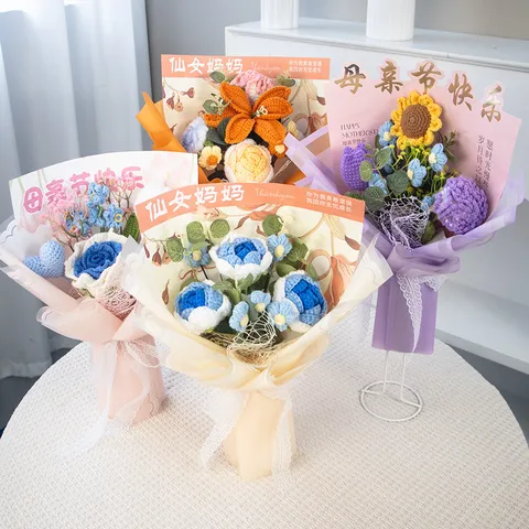 Ramo de Flores de Hilo de Lana Crochet Hecho a Mano Clavel Rosa Girasol Artificial Con Caja PET Regalo Día de la Madre