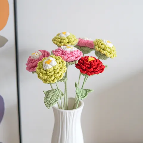 Ramo de Flores Artificiales de Simulación de Peonía de Ganchillo Hecho a Mano para Decoración del Hogar