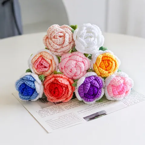 Flor de Rosa Tejida a Mano Ganchillo Flor Eterna Ramo de Hilo de Lana para Decoración del Hogar Regalo de San Valentín