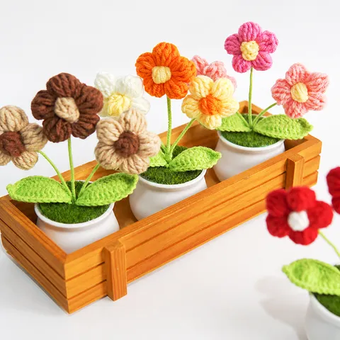Planta Artificial en Maceta de Flores Abombadas Tejidas a Mano Ganchillo Floral Hogar Oficina Escritorio Adorno Decorativo