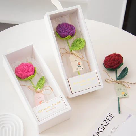 Caja de Regalo de Flores Eternas de Rosa de Lana Tejiada a Mano Romántico Regalo de San Valentín Decoración del Hogar Ramo Artificial