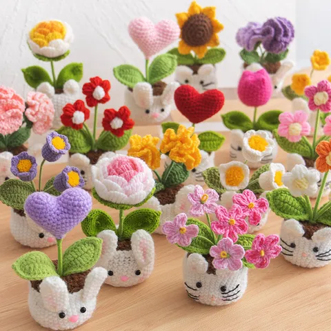 Planta en Maceta de Flores Tejidas a Ganchillo a Mano Lindo Gato Conejo Adorno de Escritorio Decoración Artificial
