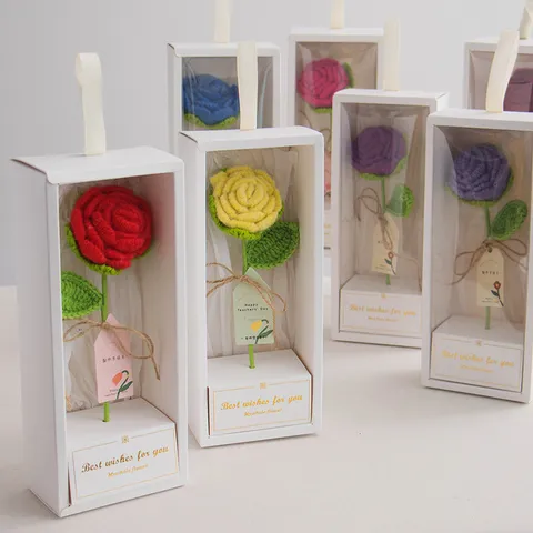 Caja de Regalo de Flores Eternas de Rosa de Lana Tejiada a Mano Romántico Regalo de San Valentín Decoración del Hogar Ramo Artificial