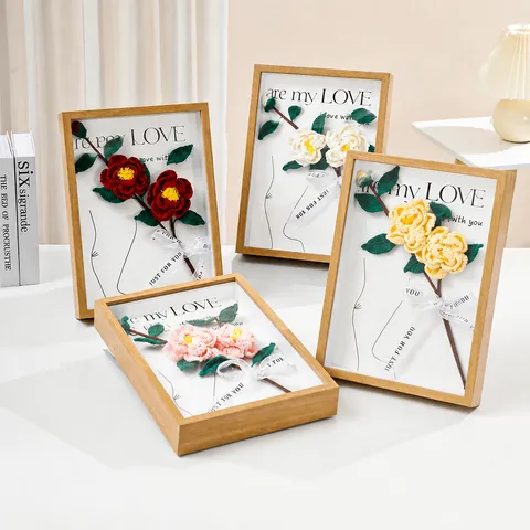 Marco de Fotos de Flor de Camelia Crochet Hecho a Mano Marco de Fotos Floral de Lana Tejida Adorno de Escritorio Terminado Regalo de Cumpleaños