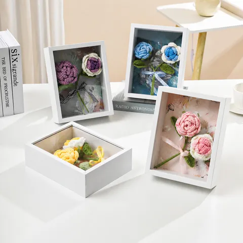 Handmade Crochet Rose Flower Photo Frame Artificial Dried Flower Desktop Ornament Home Office Decor Gift