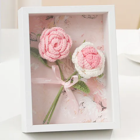 Handmade Crochet Rose Flower Photo Frame Artificial Dried Flower Desktop Ornament Home Office Decor Gift