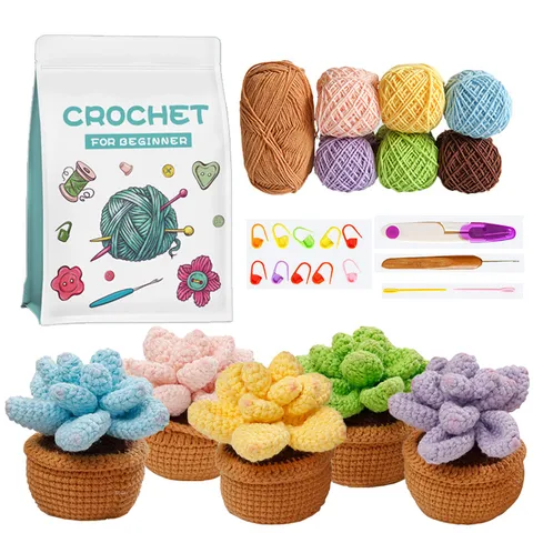 Kit de Ganchillo para Principiantes DIY Planta Suculenta en Maceta Hilo de Tejer Set de Manualidades con Tutoriales Paso a Paso