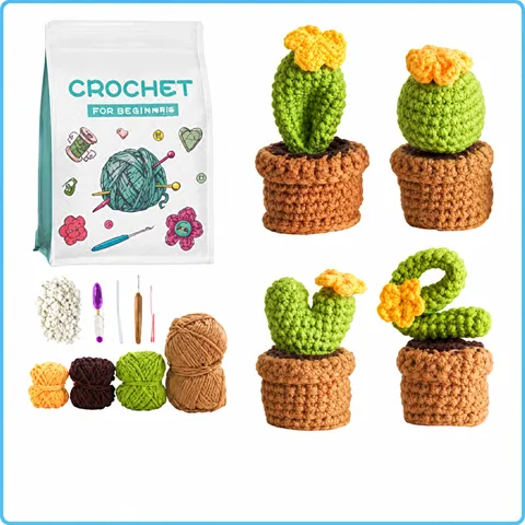 DIY Crochet Kit For Beginners Potted Plants Wool Yarn Crochet Craft Set With English Tutorial Green Plant Handmade Decor