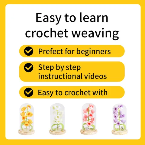 DIY Crochet Lily of the Valley Night Light Kit Handmade Knitted Flower Desk Ornament with Glass Cover Wood Base