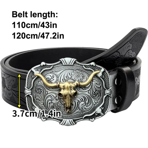 Cinturón de Cuero PU Grabado Vintage Vaquero Occidental para Hombres Con Hebilla de Cabeza de Toro de Aleación